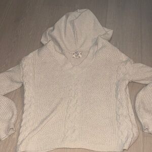 Hippie Rose Cream V-Neck Cable Knit Sweater With hoodie